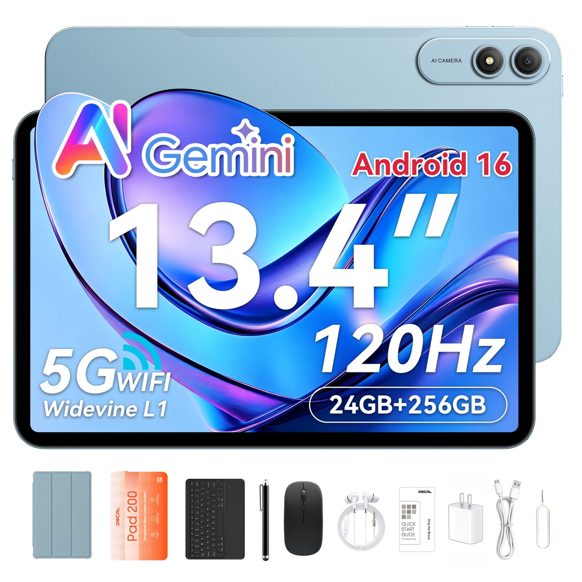 Blackview OSCAL 2026 13.4" AI Tablet, Android 16, 24GB RAM 256GB ROM, 1TB Expand, T7280 Octa-Core CPU, 8+16MP Camera, 8300mAh, 5G Wifi, Gemini Al Tablet with Keyboard, Mouse, Blue